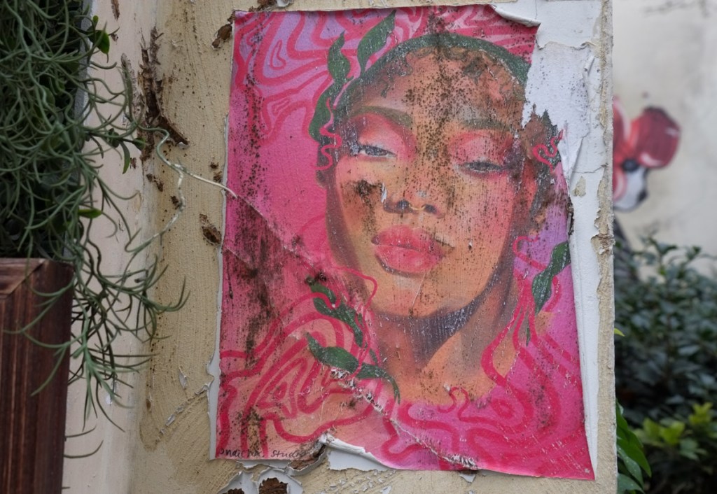 poster on a wall, outside, edges starting to peel, portrait of a woman, red lipstick, lots of pink paint 
