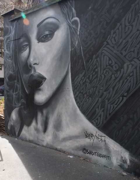 Portrait of a woman in black and white, the cigarette that she was smoking has been painted over in black 