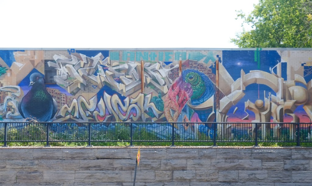 part of a mural street art in montreal with a pigeon and a toucan