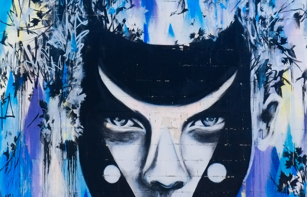 part of mural by Vexta, close up picture of eyes and nose of face in mural
