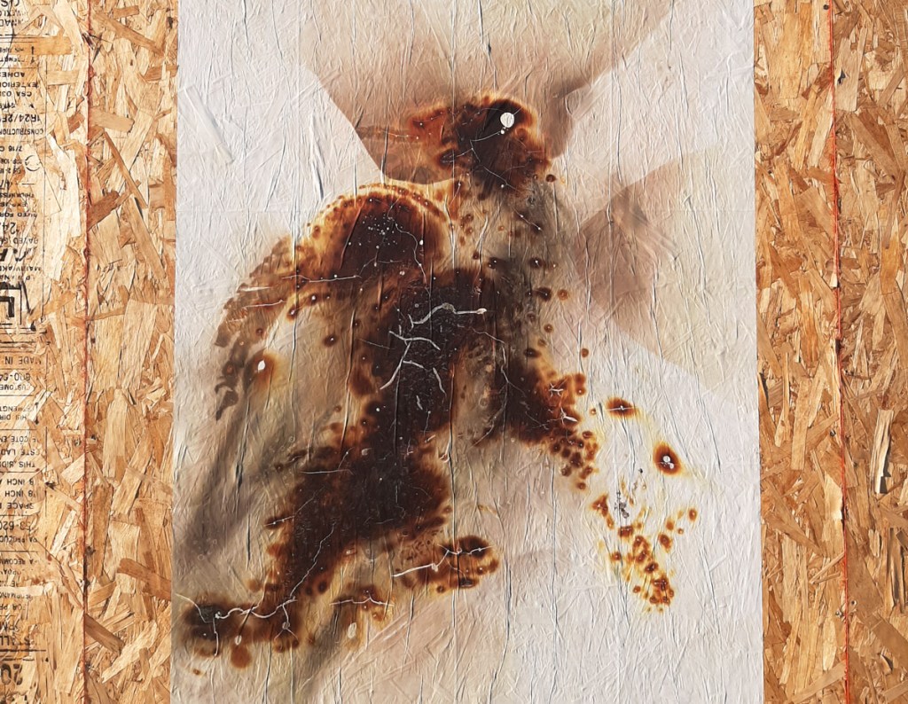 firegram by Danielle Goshay displayed on plywood