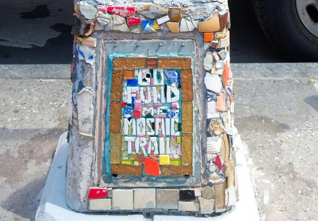 mosaics on outdoor street lamp posts, East Village mosaic trail