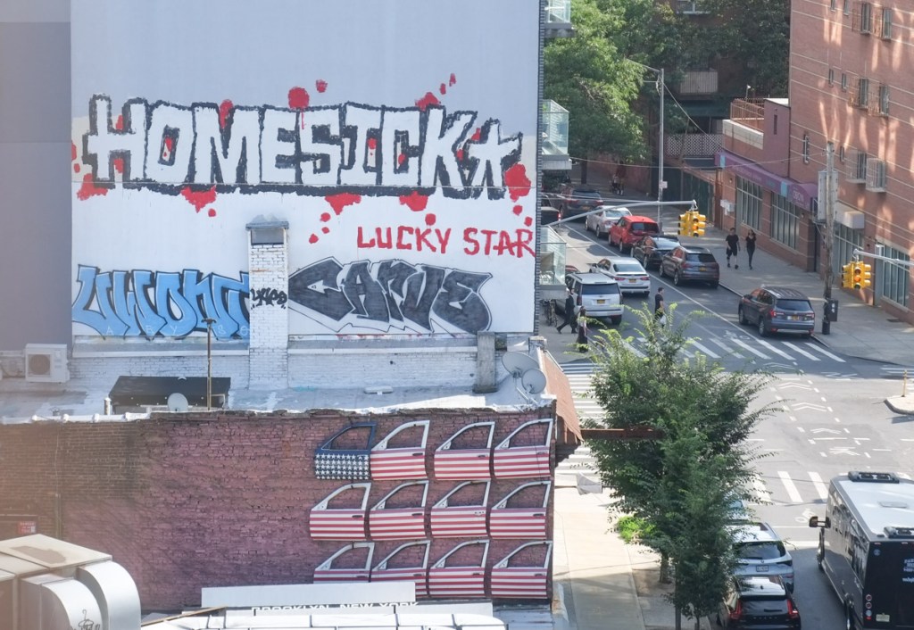 view from williamsburg bridge, buildings, one with graffiti street art on it 