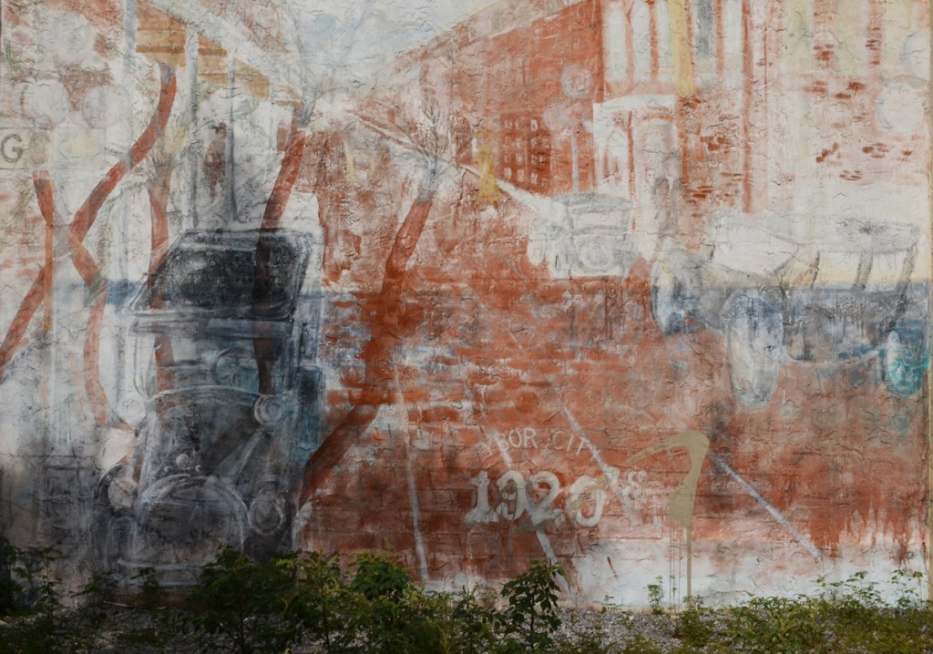 faded painting of 1920s street scene with old cars on the street 