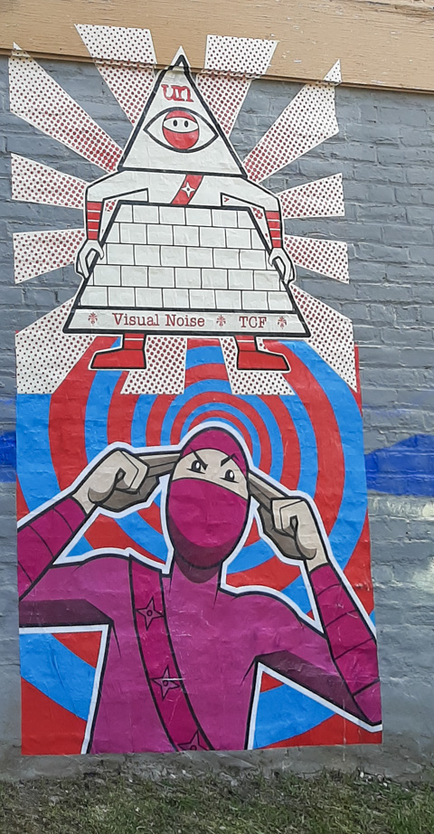 two urban ninja squadron images, one is t-bonez in pinkish red with fingers in ears