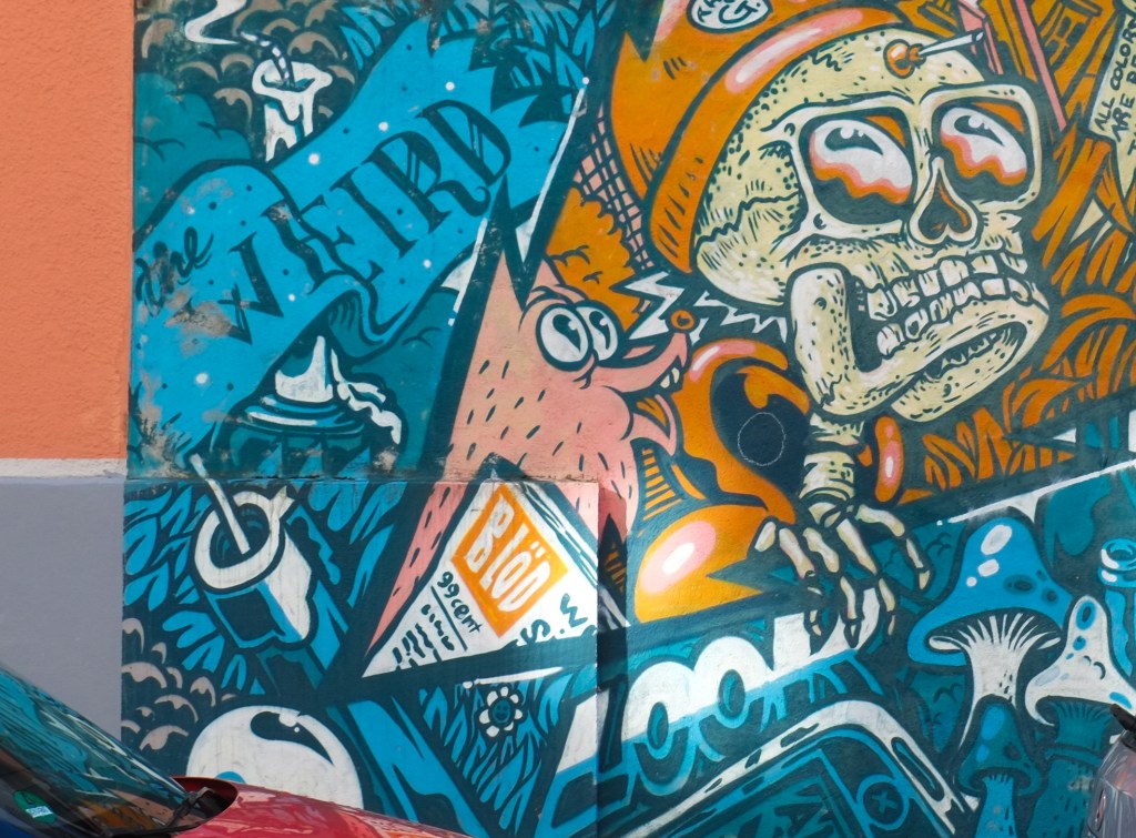 part of a mural by vidam, in blues and oranges, skull wearing glases, blue mushrooms, 