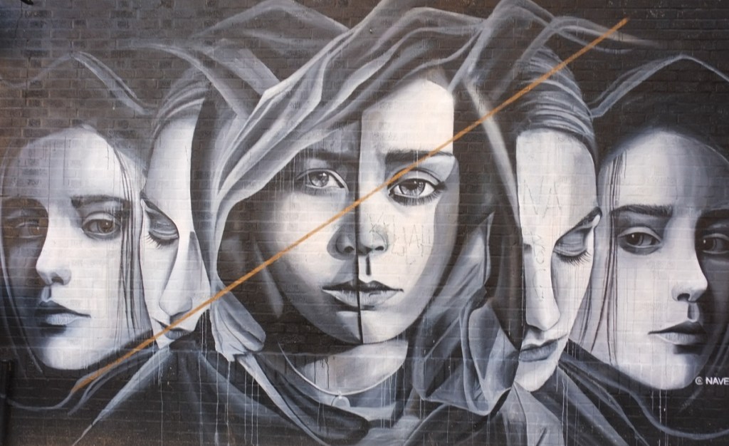 mual in black and white of 5 women's faces, long hair, composite of 3 portraits, by Naveen Shariz 