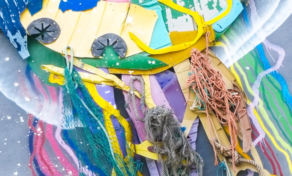 close up view of collage and ropes used by artist Bordalo in making jellyfish mural