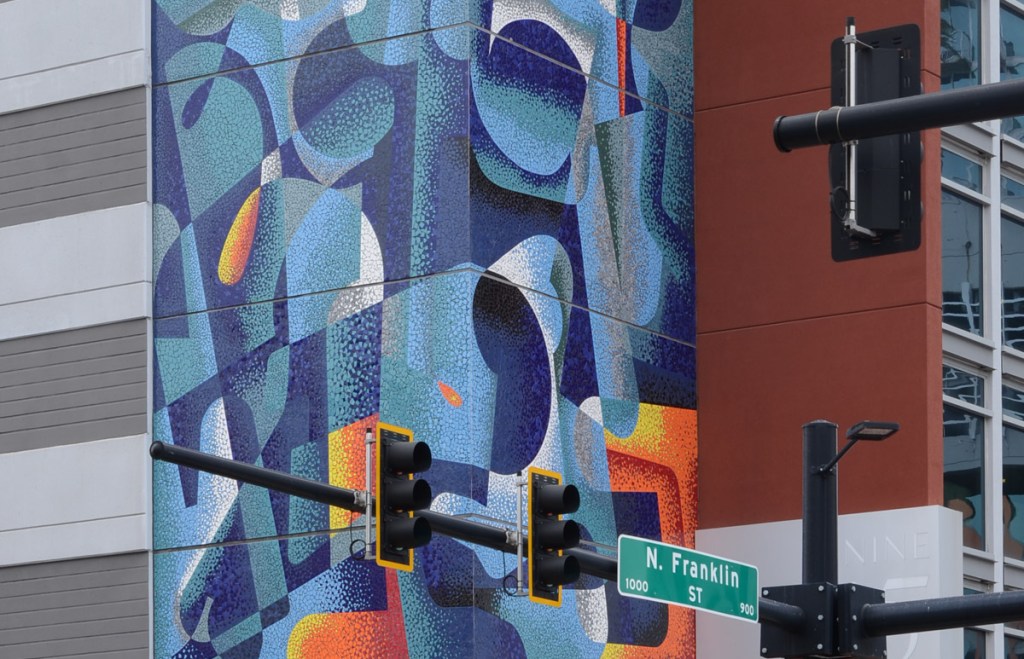 mural, abstract in shades of blue on the marriott hotel in tampa