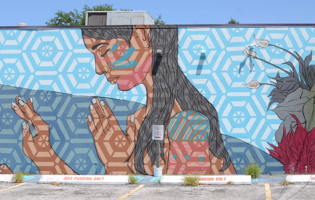 part of a mural by Daniel R. Barojas, a woman in profile, long hair, eyes closed