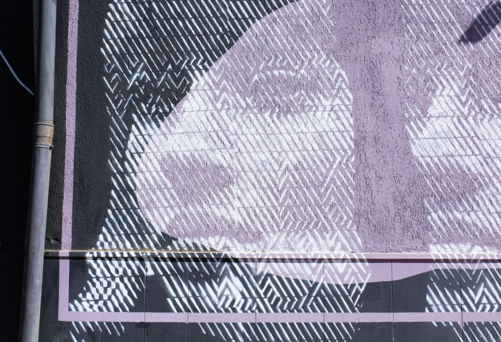 close up of part of checkos mural, black and white with line texture, woman's face