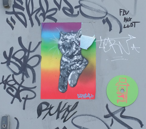 Paris graffiti by copycat, a cat, on multi coloured background