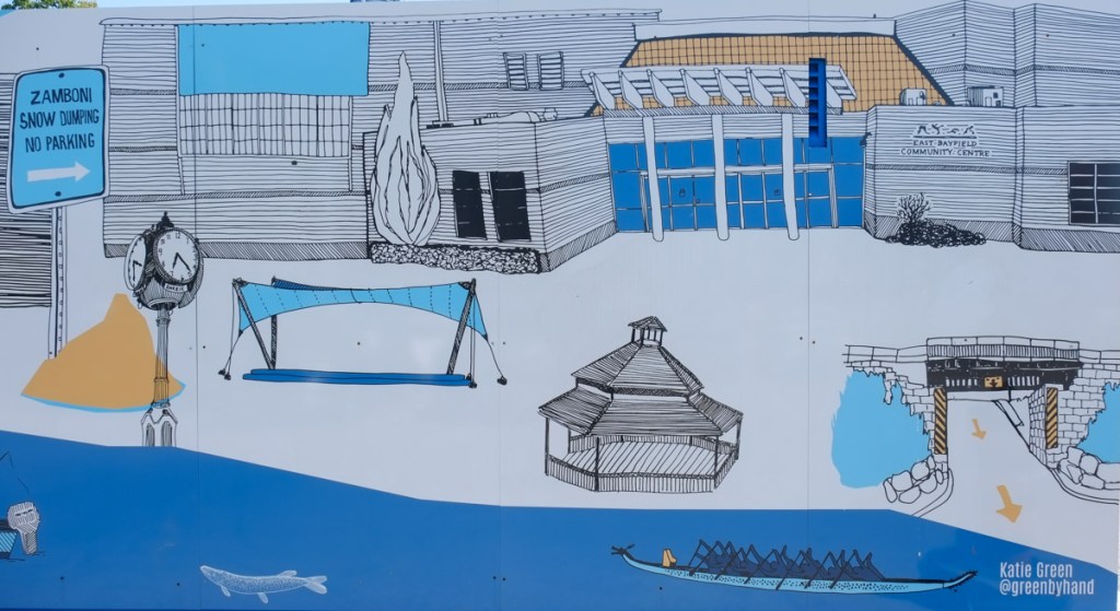 close up of some of the scenes in a mural, a gazebo, rowers on the river, an old bridge over a narrow street, a clock on a pedestal, the East Bayfield community center, 