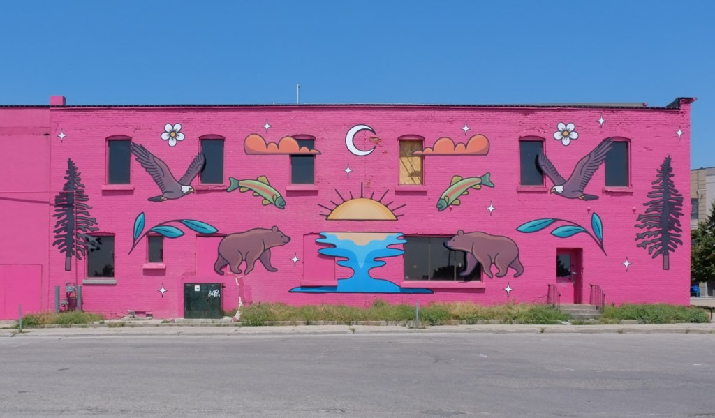 very pink wall, with images to make a mural, cedar tree, salmon, bears, sun, water, flowers, moon, clouds, plants, by Alanah Jewell in downtown Barrie 