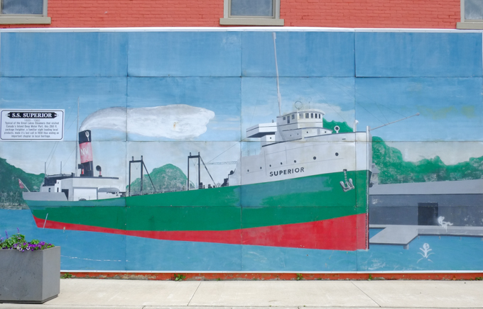 painting on an exterior wall in Wallaceburg, a large image of the S.S. Supperior, a package freighter built in the 1880s.