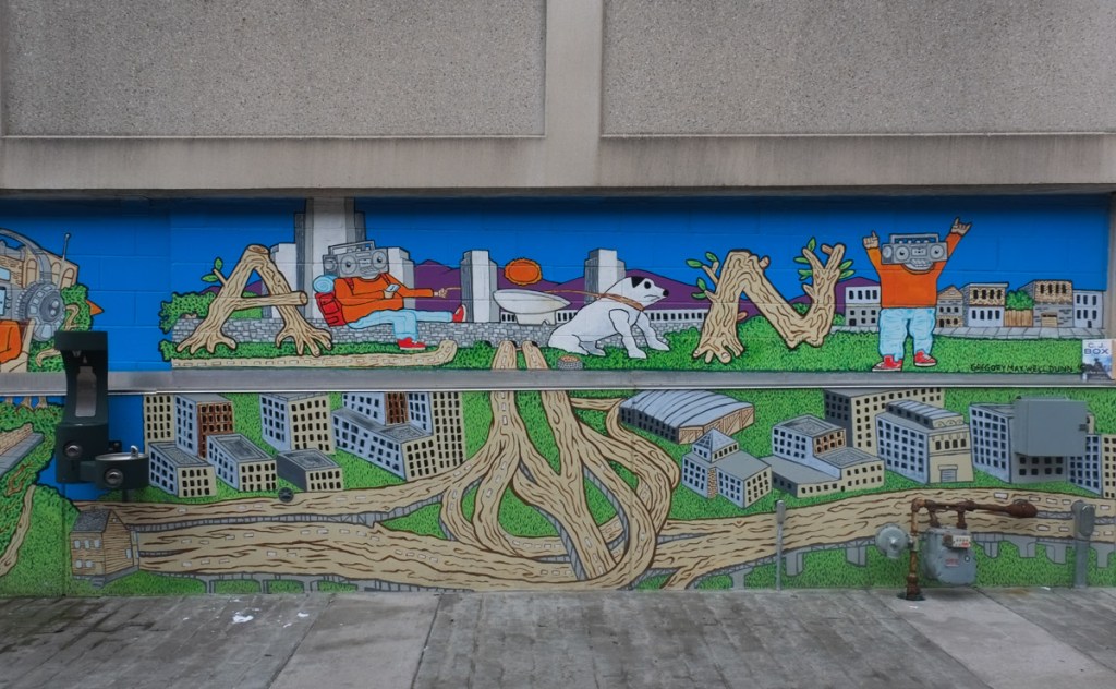 albany mural, letters made of objects