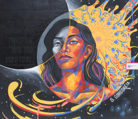 portrait of a woman, street art on a fence