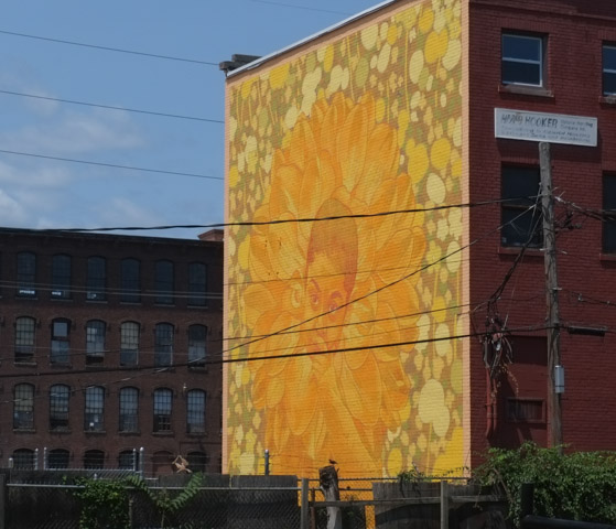 yellow mural by gleo, a boy surround by big yellow flower