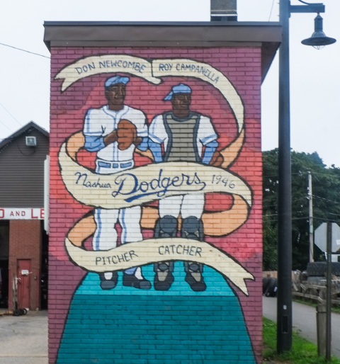 mural in nashua new hampshire, two african american baseball players for the nashua dodgers in the 1940s, roy campanello and don newcombe