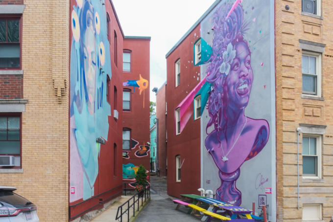 two buildings separated by a walkway, each has a mural on the side