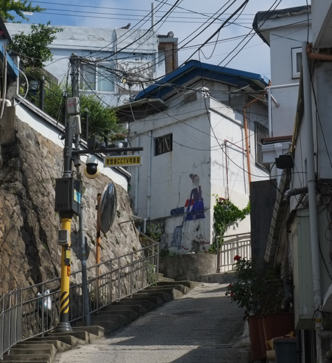 street with houses on both side, narrow, one has mural on side, street art painting on a wall, woman in blue skirt, carrying red purse, and pulling blue shopping cart