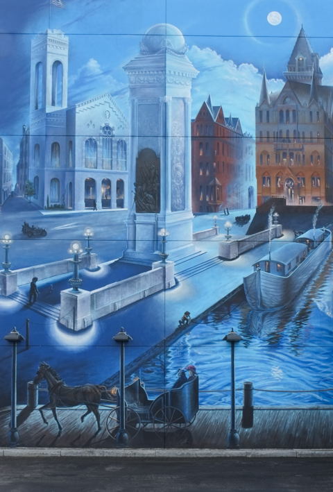 part of a mural, in blue tones, of syracuse landmarks