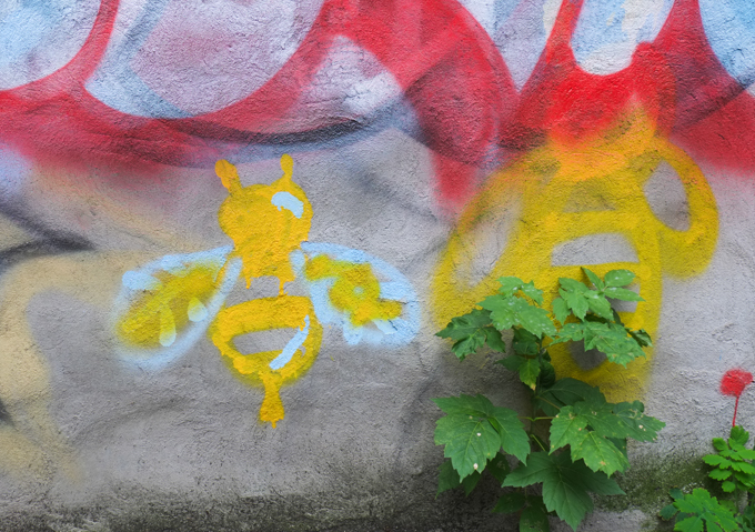 little yellow bee with open wings, graffiti