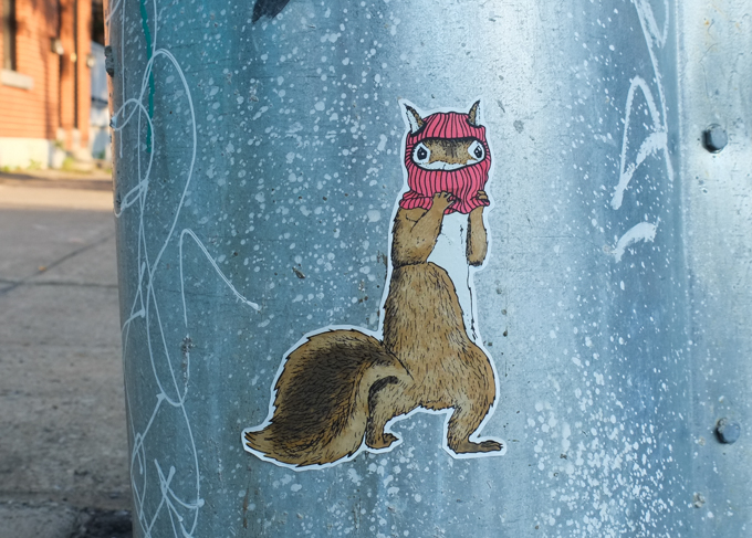 graffiti sticker on metal, a squirrel wearing a red hat