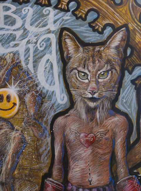 boy tiger with boxing gloves, red heart tattoo on his chest with equation e=mc2, Einsteins theory of relativity