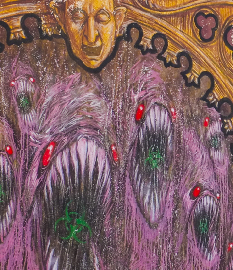 part of toni espinar mural, man's head at top, looking down at mass of purple hairy, or furry, things with big black mouths