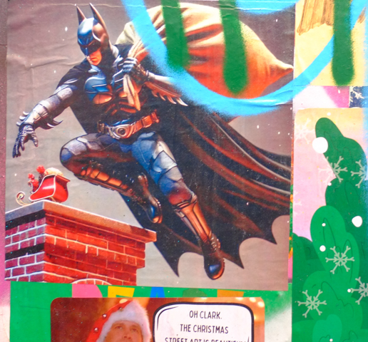 batman flies over a house with a big sack on his back, and drops a toy down a chimney, graffiti street art
