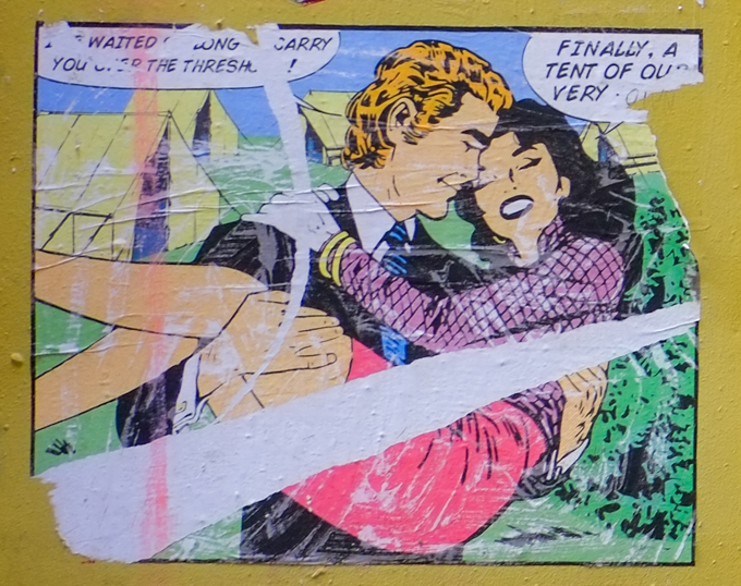 cartoon like drawing of a blond young man carrying a woman in pink skirt and purple top, 