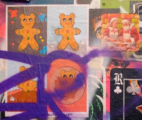 christmas theme graffiti, gingerbread cookies, Santa and Mrs. Claus baking in the kitchen together