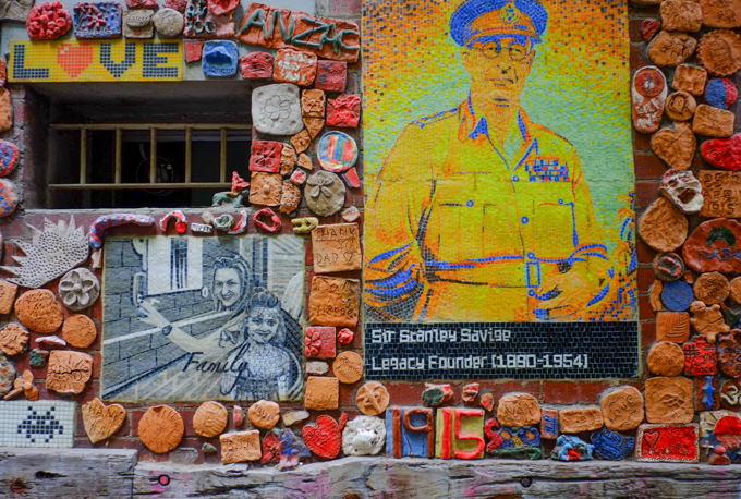legacy founder portrait in mosaic added to legacy wall of ceramic tiles, to commemorate ANZAC