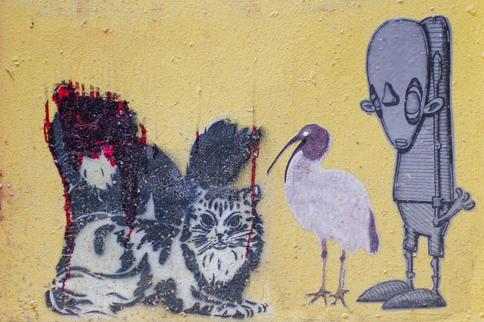three paste ups on a yellow wall, a cat, a bird that is an australian white ibis, and a sad grey man character by stenandoli
