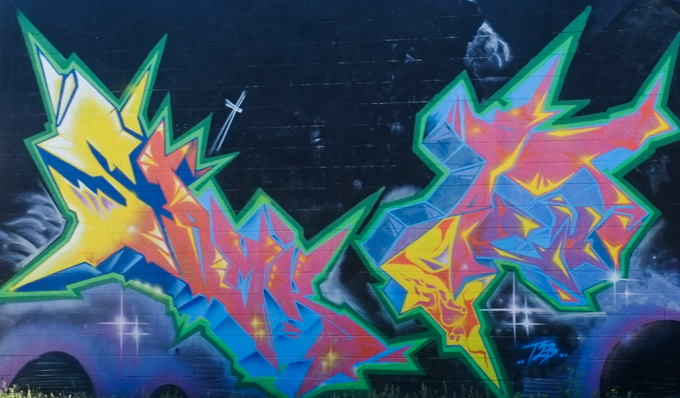 street art mural, abstract shapes and colours