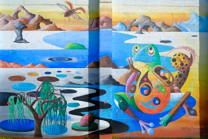 street art mural in vancouver by cody lecoy, pond scene, frog, flying insect, water, rocks on shore, 