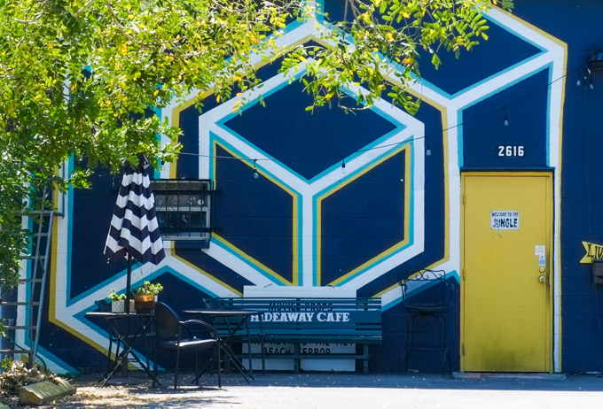 three dimensional cube, mural, exterior wall of cafe