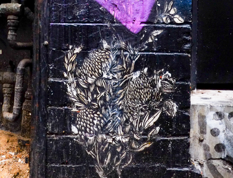 graffiti paste up, detailed black and white drawing of dried flowers, on a black wall, 