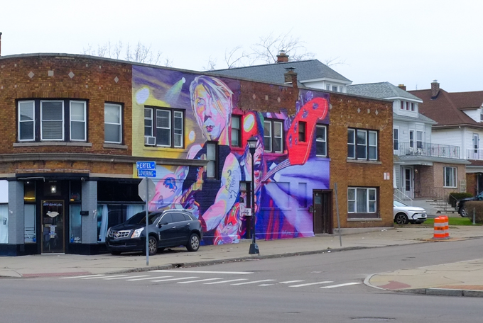 goo goo dolls, the rock band, mural by Philip Burke on Hertel Ave in Buffalo, on side of 2 storey brick building, large faces