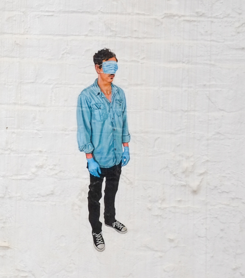 part of a series called Works from Home, Covid themed images by local artists, presented by Albright Knox gallery, painting by Jason Seeley of a young man with Covid mask on