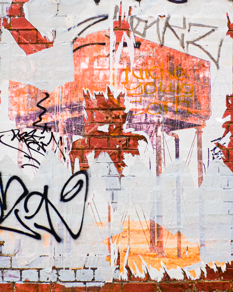 torn paper, remnants of a photograph mounted on a wall in an alley