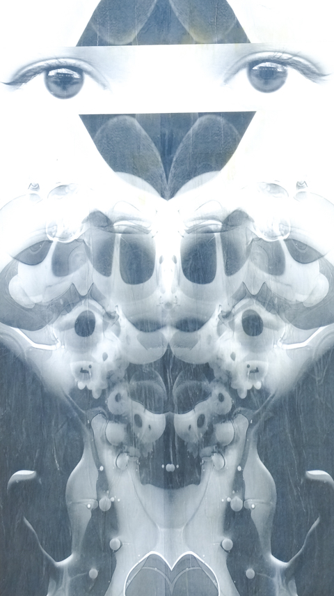 Lower portion of A large vertical wheatpaste, monochromatic, symmetrical collage with eyes in the center by Jumblefacefoto, aka Jeremy Lynch