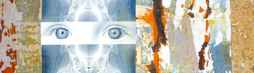 jumblefacefoto collage, paper pasteup on a plywood hoardings wall, some remnants of previous graffiti, eyes,