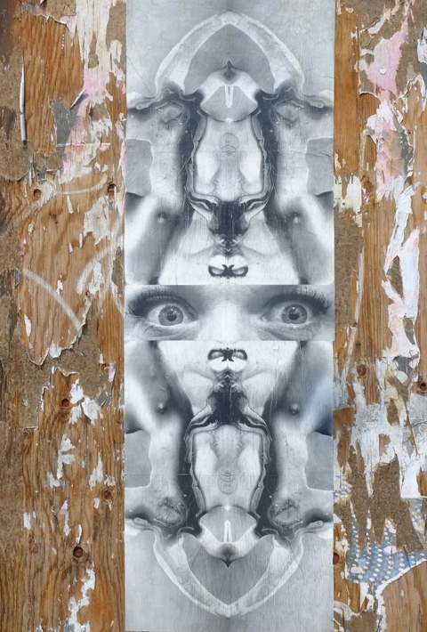  A large vertical wheatpaste, monochromatic, symmetrical collage with eyes in the center by Jumblefacefoto, aka Jeremy Lynch