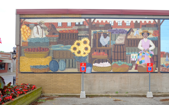 part of a mural by Penelope Duchesne of a market scene from early in the 1900s