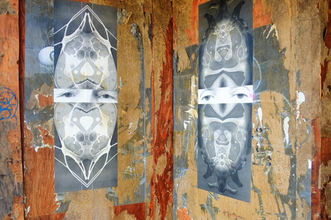 jumblefacefoto paper collages graffiti on plywood wall 