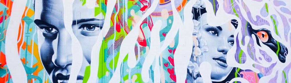 part of a mural by Matt, in memory of Uncle, Rabindra, two faces behind torn paper strips