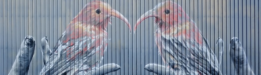 two gray bird with pink heads, black eyes, and long curved beaks, in a mural by Christena Angelina, ends of beaks are touching