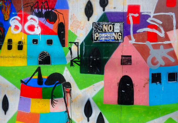 part of street art mural with bright coloured houses but lots of dead and bleeding bodies